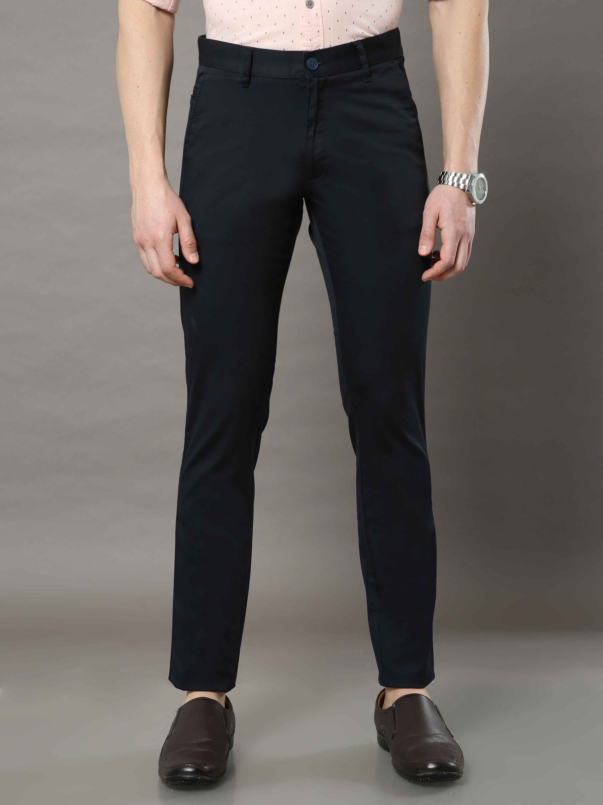 Shop Men's Navy Narrow Fit Solid Casual Trouser Online.