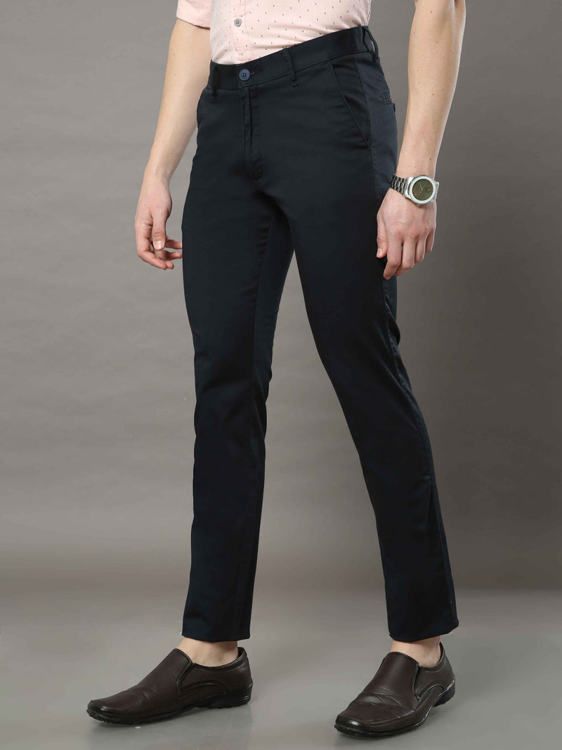 Shop Men's Navy Narrow Fit Solid Casual Trouser Online.