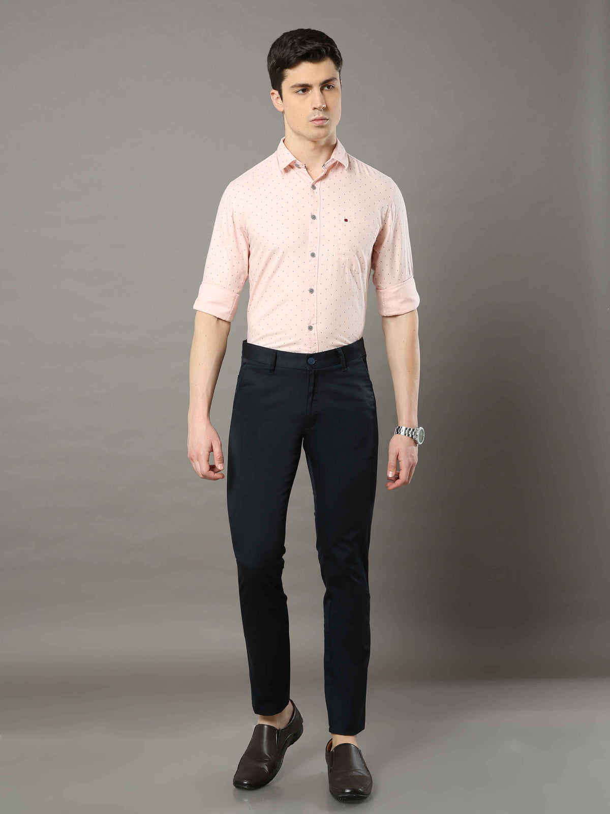 Shop Men's Navy Narrow Fit Solid Casual Trouser Online.