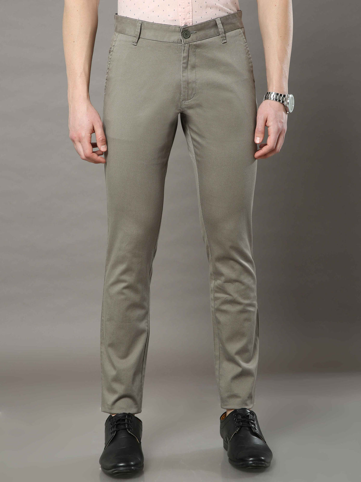 Shop Men's Olive Narrow Fit Printed Casual Trouser Online.