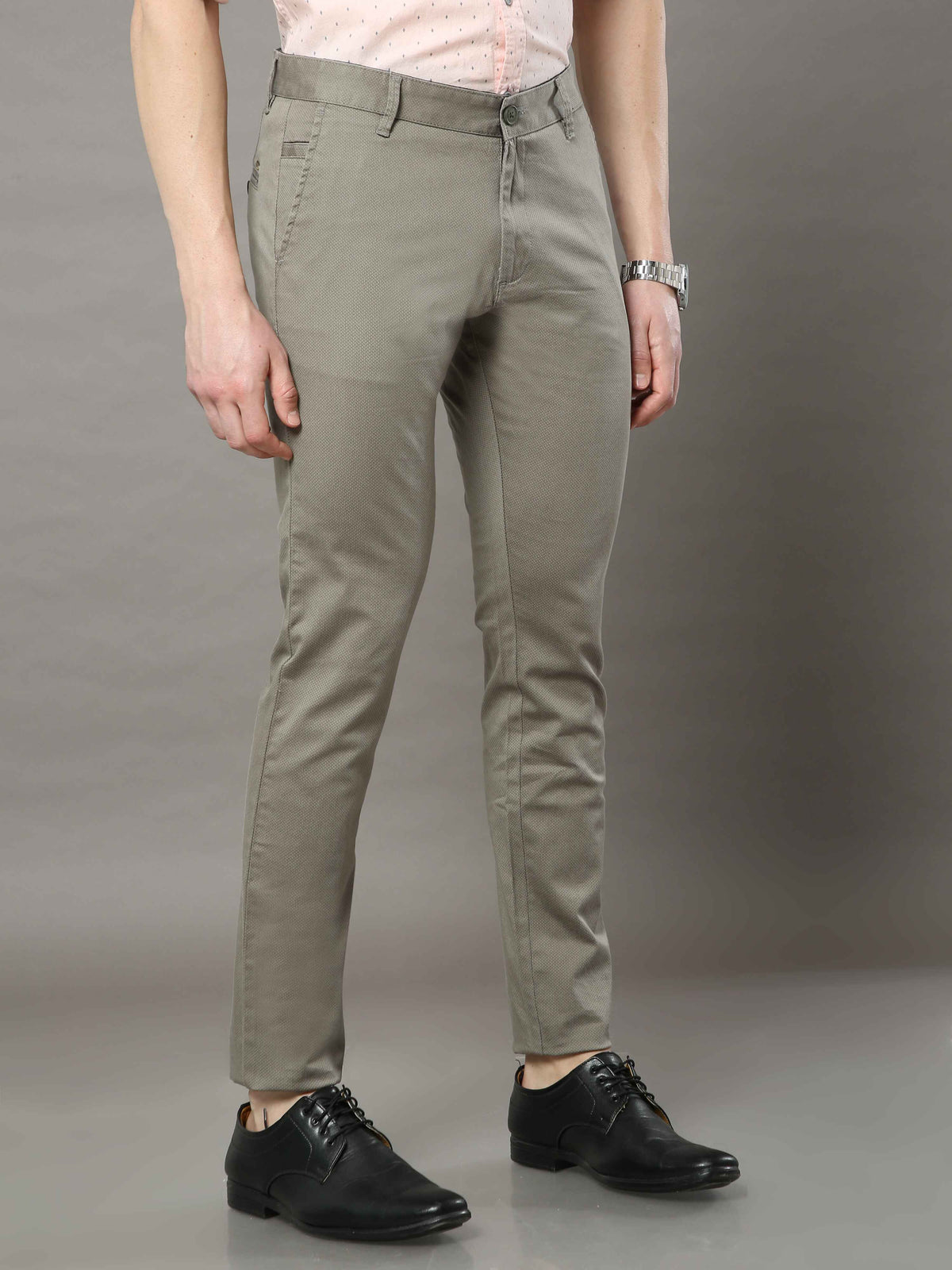 Shop Men's Olive Narrow Fit Printed Casual Trouser Online.