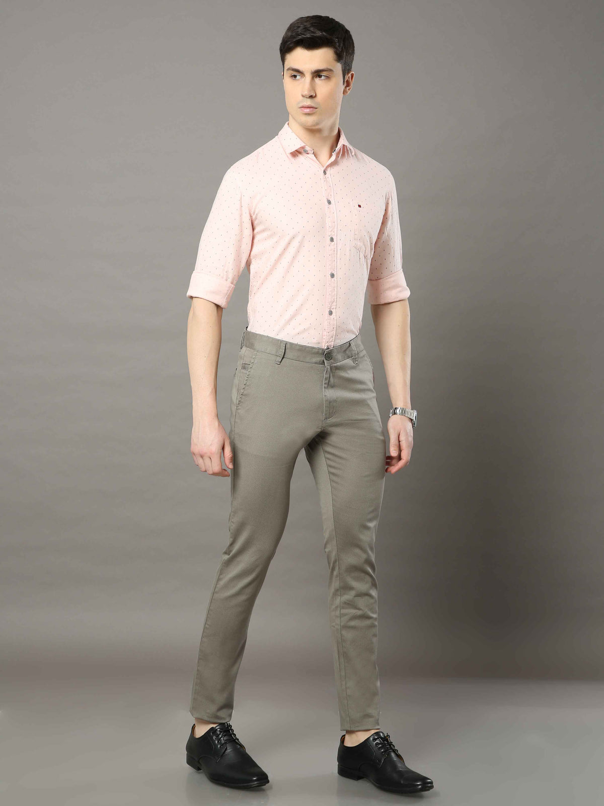 Shop Men's Olive Narrow Fit Printed Casual Trouser Online.