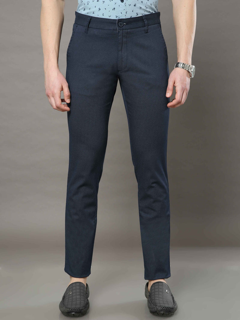 Shop Men's Navy Narrow Fit Printed Casual Trouser Online.