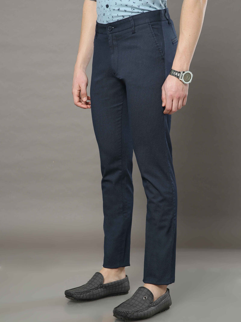 Shop Men's Navy Narrow Fit Printed Casual Trouser Online.