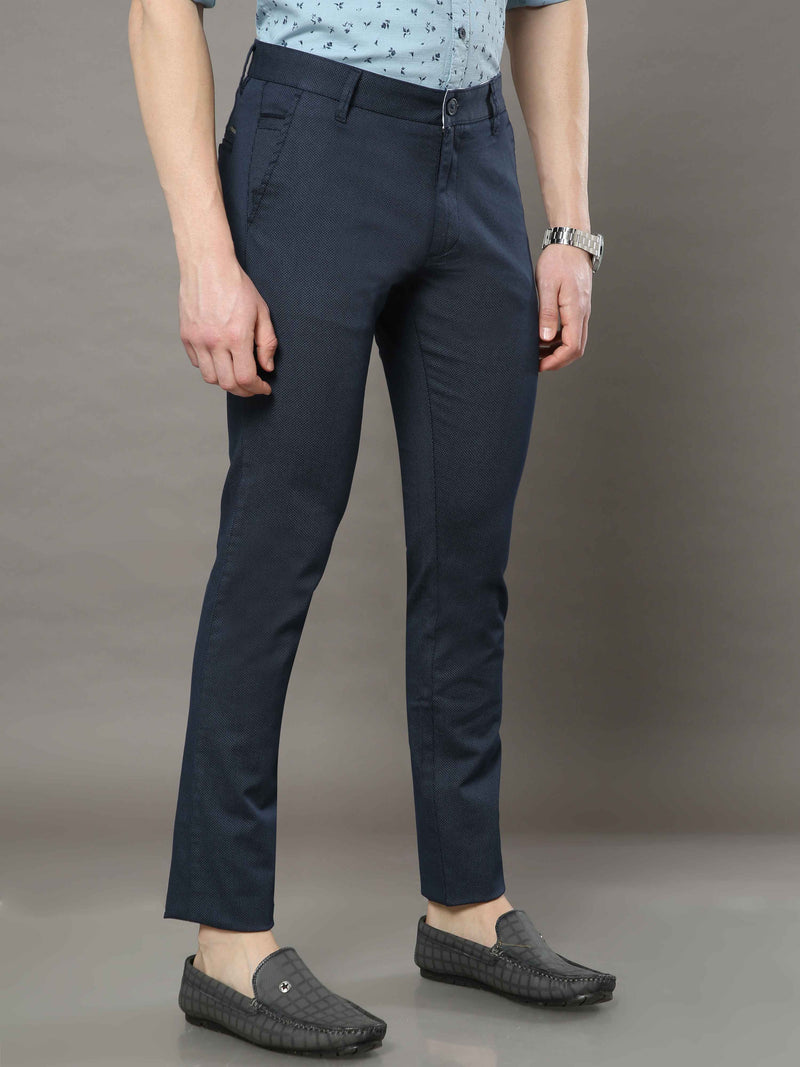 Shop Men's Navy Narrow Fit Printed Casual Trouser Online.