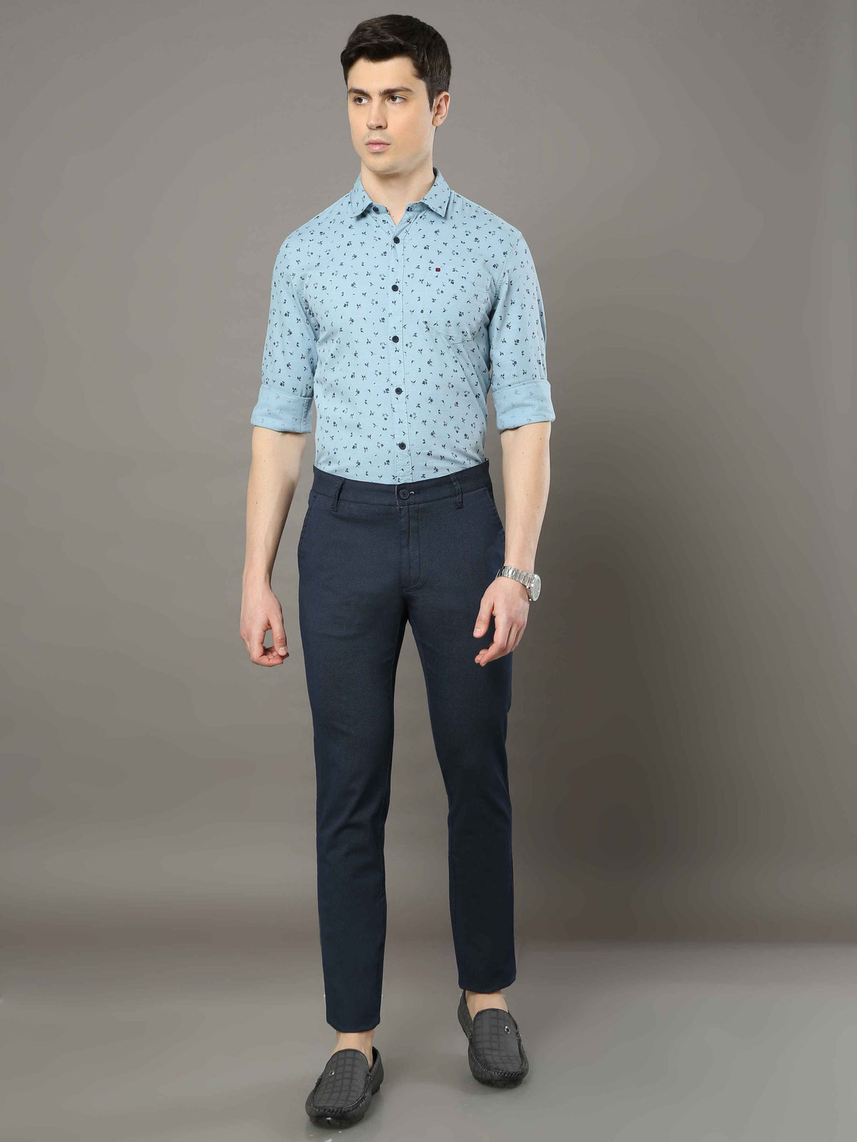 Shop Men's Navy Narrow Fit Printed Casual Trouser Online.