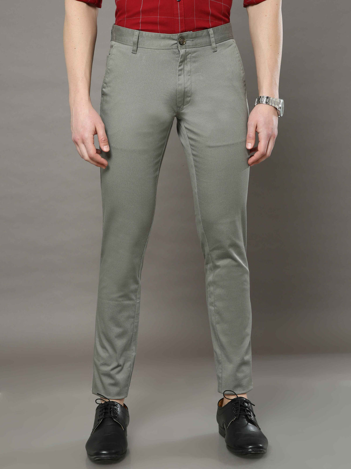 Men's Light Olive Narrow Fit Printed Casual Trousers