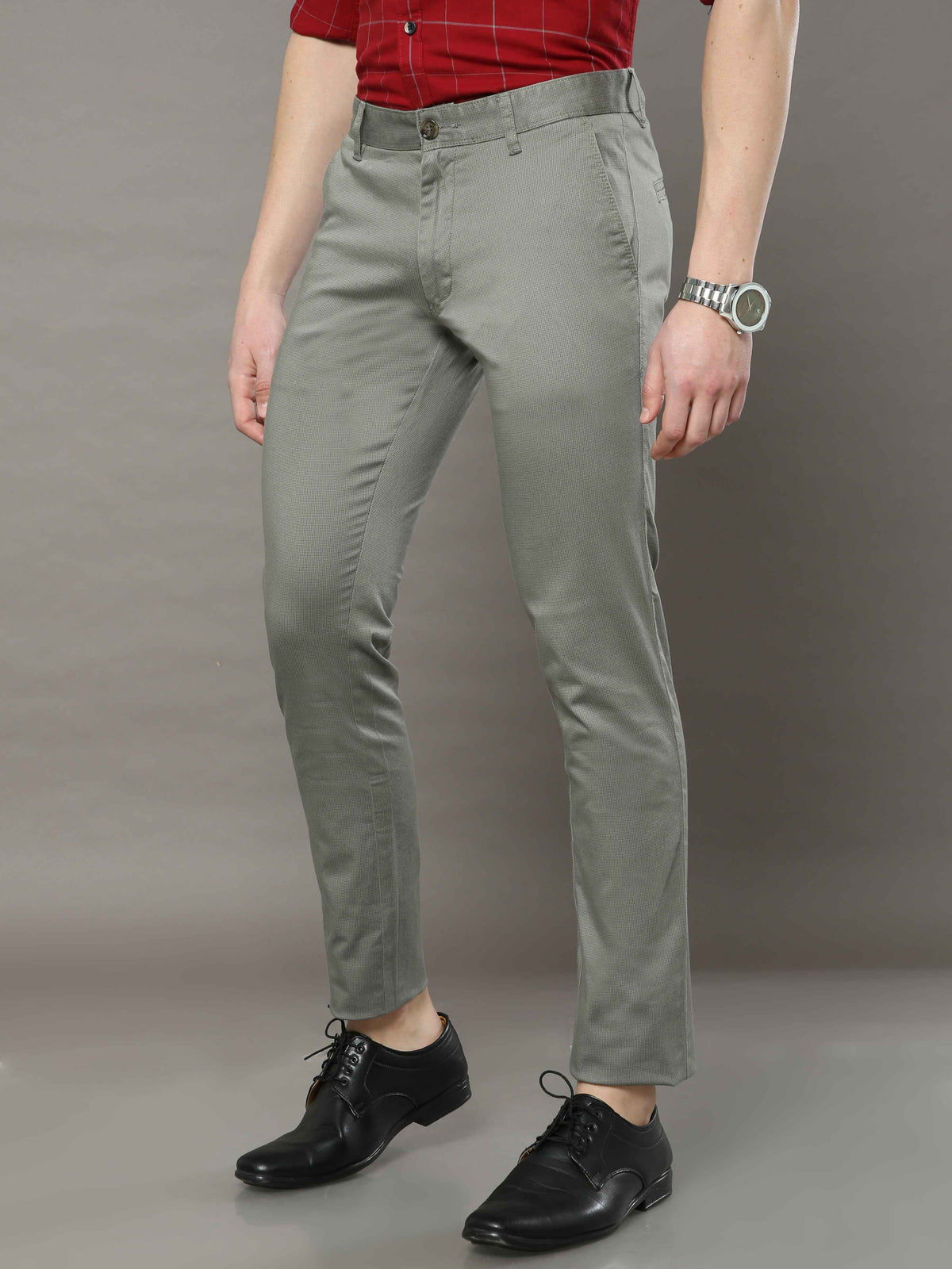 Men's Light Olive Narrow Fit Printed Casual Trousers