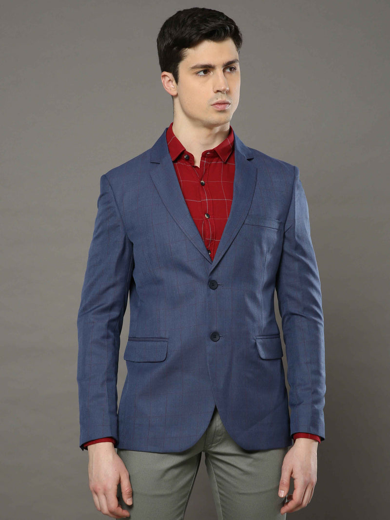 Shop Men's Blue Slim Fit Checks Casual Blazer Online.