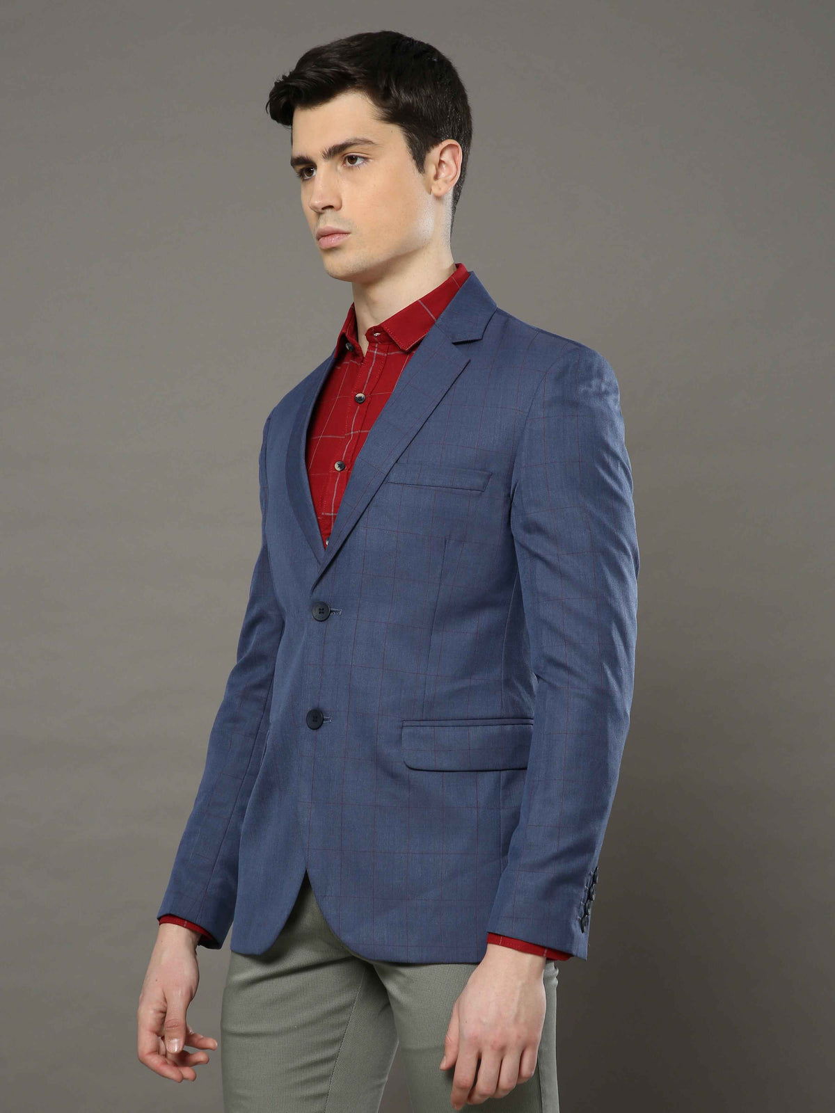 Shop Men's Blue Slim Fit Checks Casual Blazer Online.