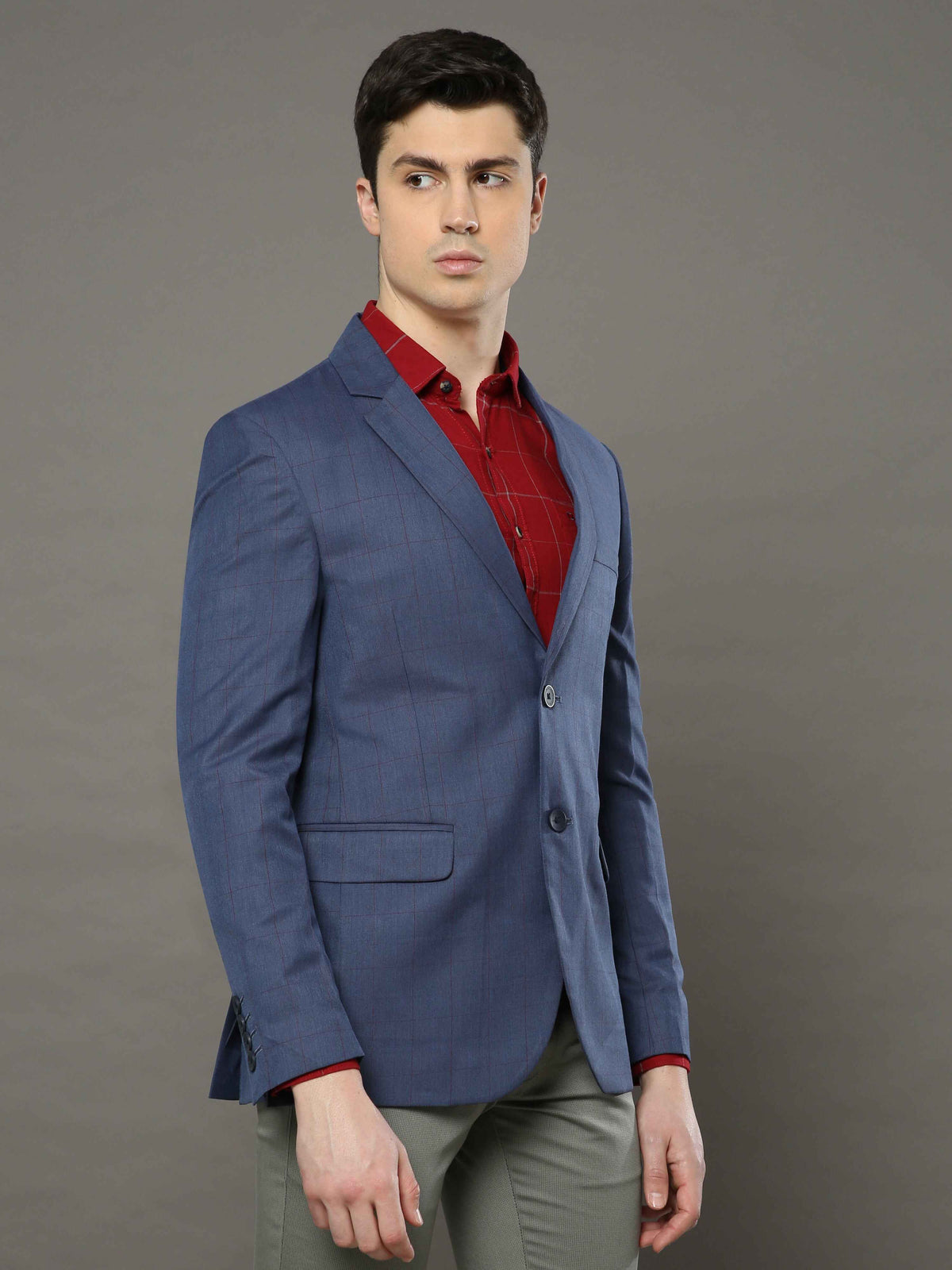 Shop Men's Blue Slim Fit Checks Casual Blazer Online.