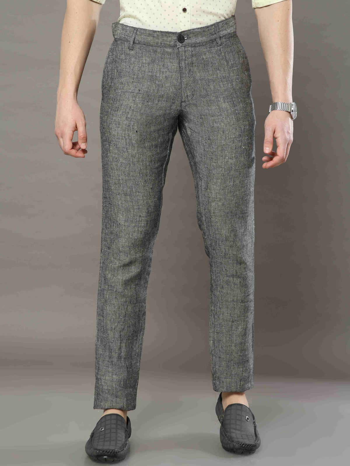 Men's Grey Narrow Fit Linen Casual Trousers