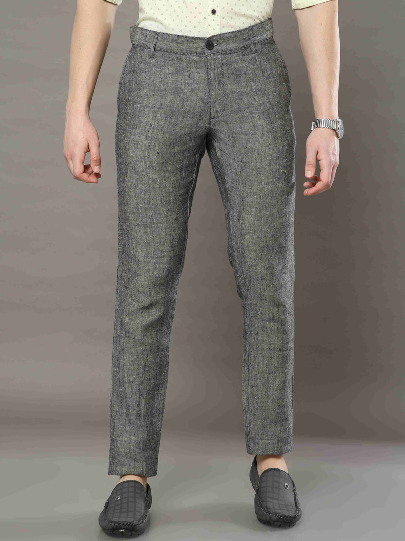 Shop Men's Grey Narrow Fit Lenin Slub Casual Trouser Online.