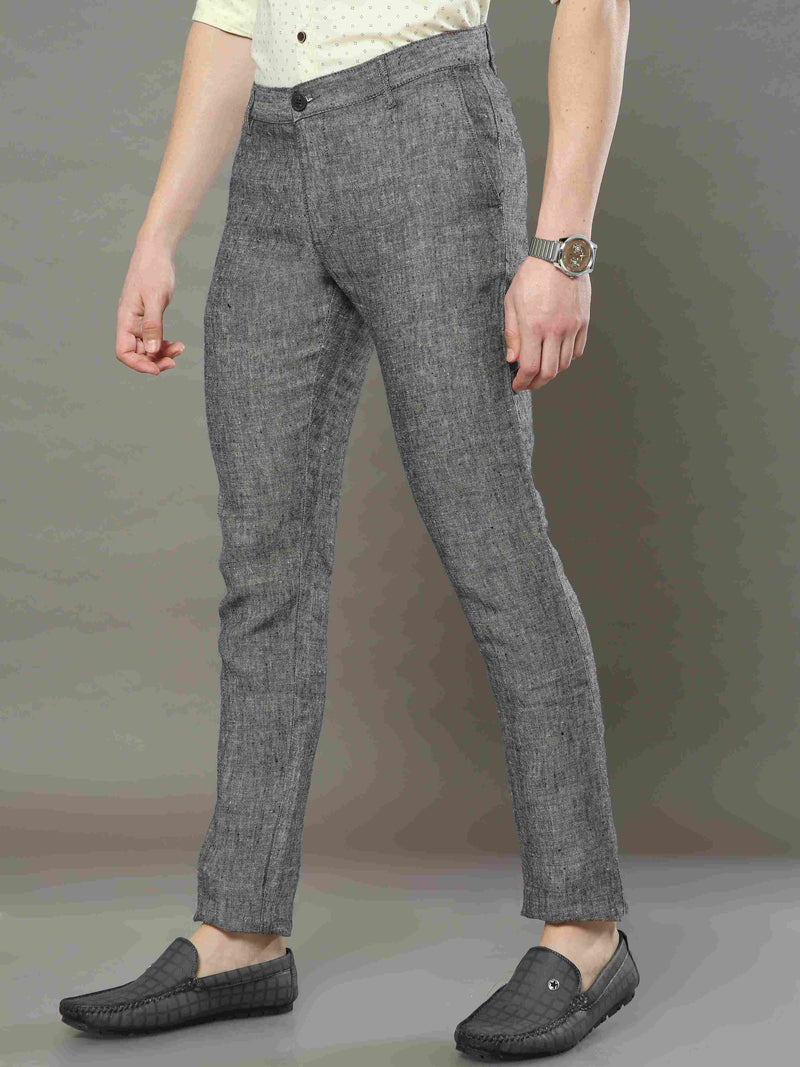 Shop Men's Grey Narrow Fit Lenin Slub Casual Trouser Online.