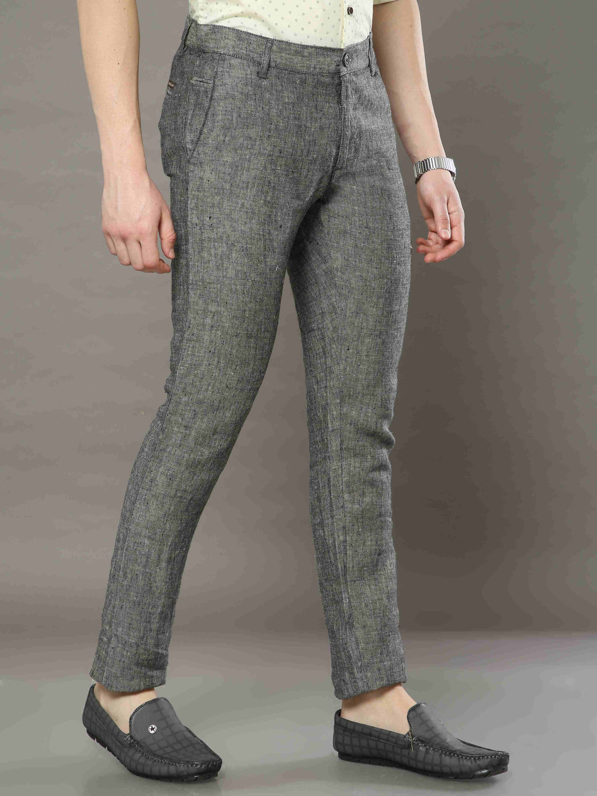 Shop Men's Grey Narrow Fit Lenin Slub Casual Trouser Online.