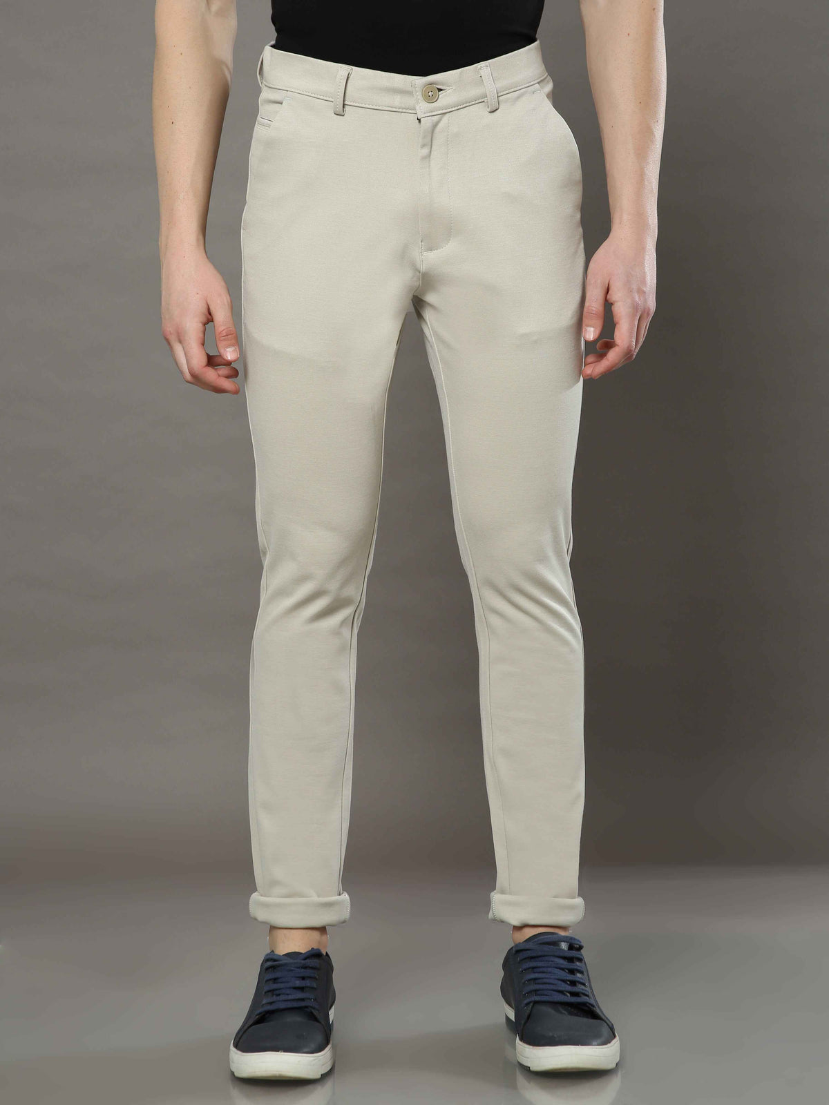 Men's Cream 4-Way Lycra Solid Casual Trousers