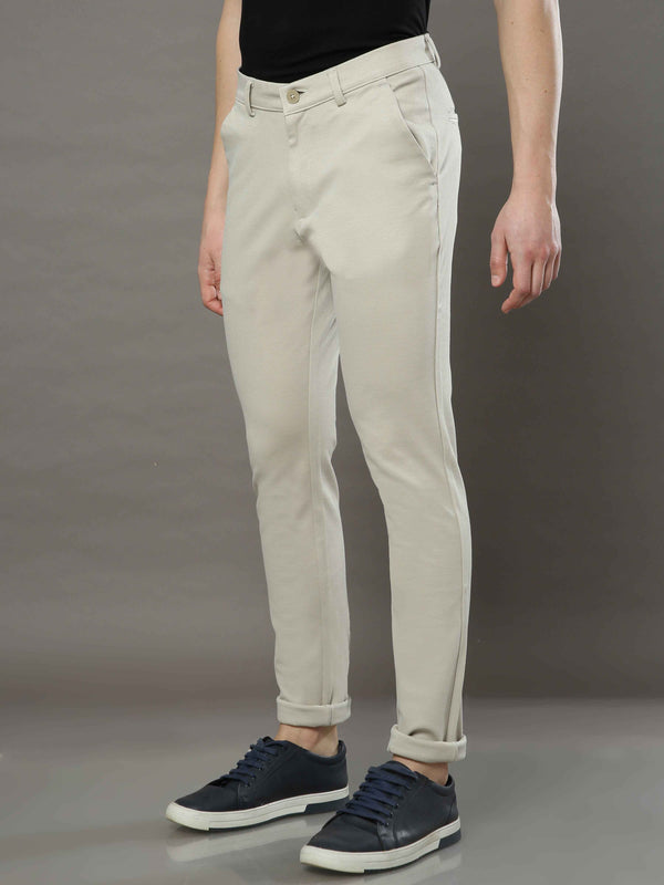 Men's Cream 4-Way Lycra Solid Casual Trousers