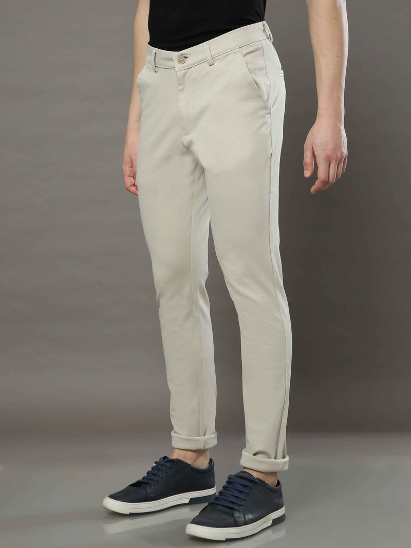 Shop Men's Beige Narrow Fit Cotton Lycra Casual Trousers Online.