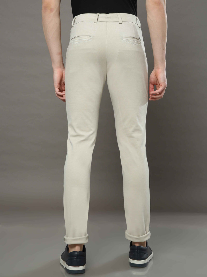 Shop Men's Beige Narrow Fit Cotton Lycra Casual Trousers Online.