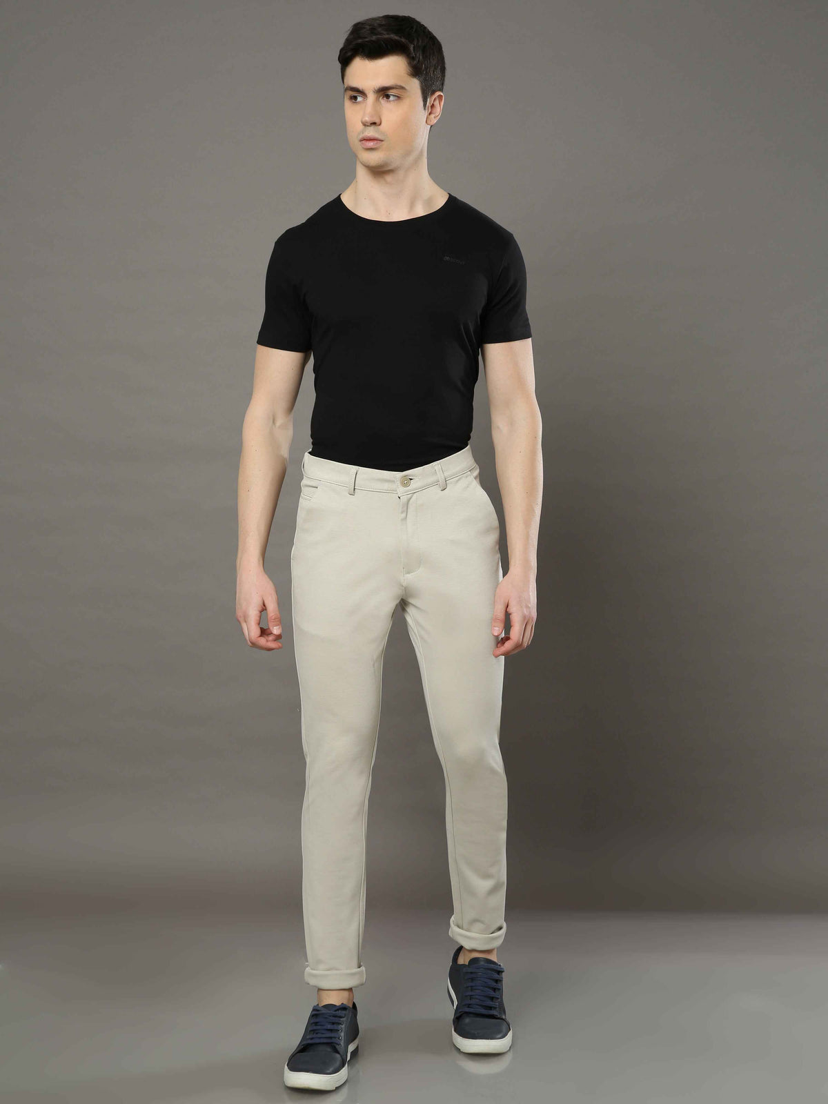 Shop Men's Beige Narrow Fit Cotton Lycra Casual Trousers Online.