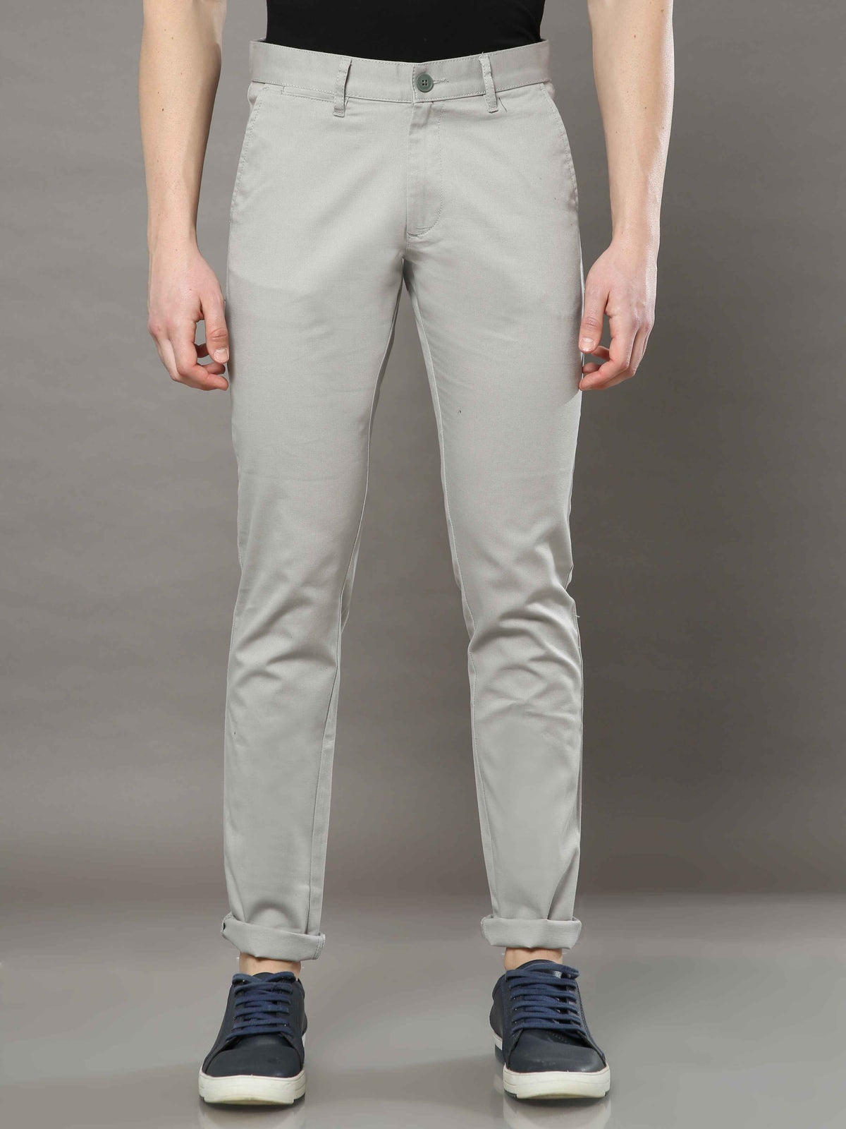 Shop Men's Light Grey Narrow Fit Cotton Lycra Casual Trouser Online.