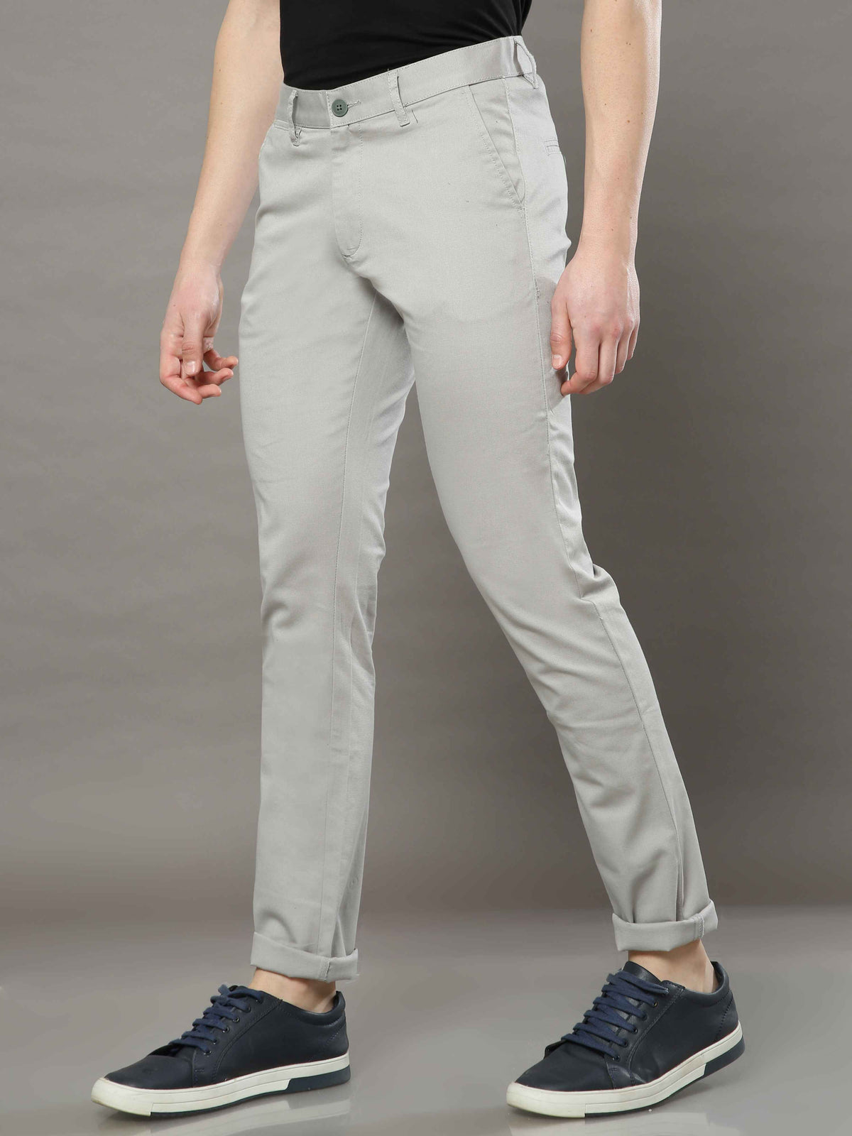 Shop Men's Light Grey Narrow Fit Cotton Lycra Casual Trouser Online.