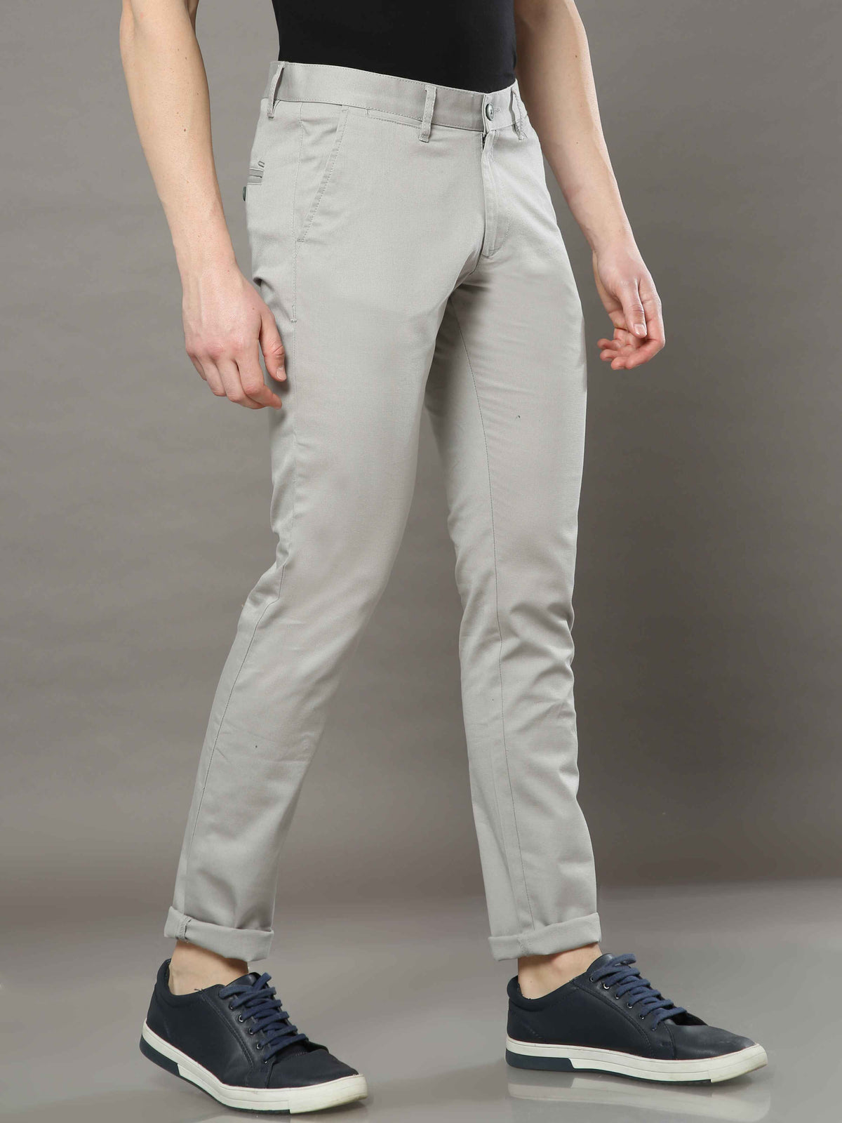 Shop Men's Light Grey Narrow Fit Cotton Lycra Casual Trouser Online.