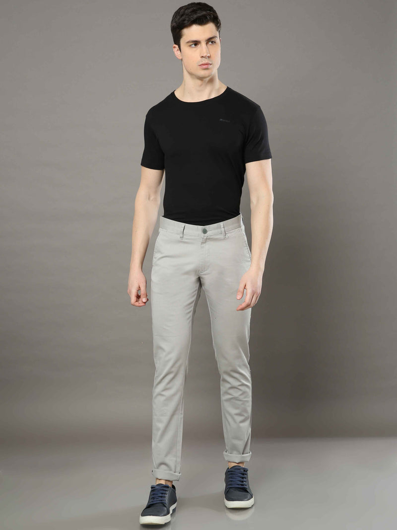 Shop Men's Light Grey Narrow Fit Cotton Lycra Casual Trouser Online.