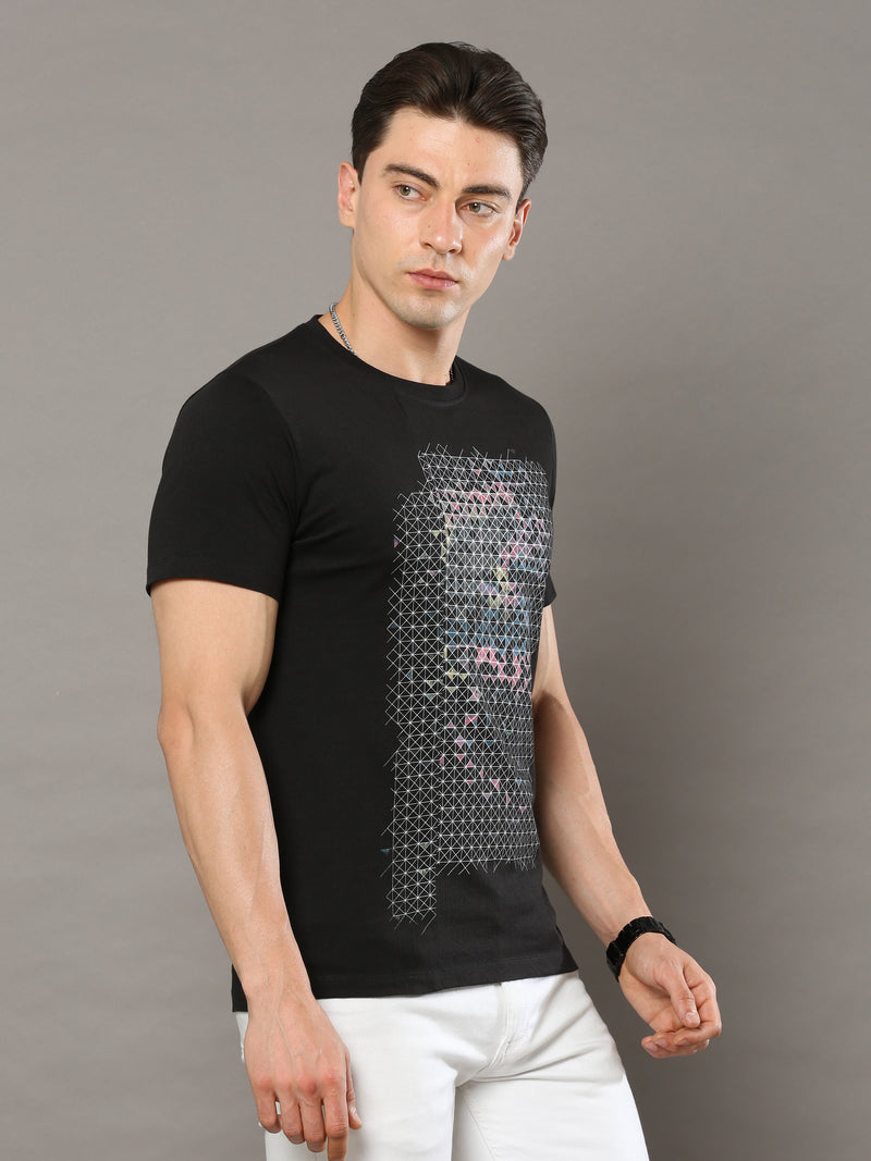 Shop Men's Black Regular Fit Printed Crew Neck Casual T-Shirt Online.