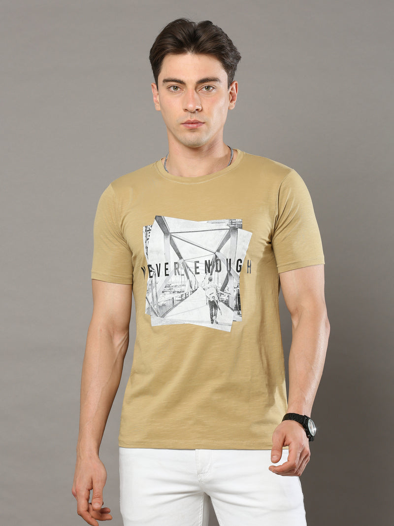 Shop Men's Brown Regular Fit Printed Casual Crew Neck T-Shirt Online.