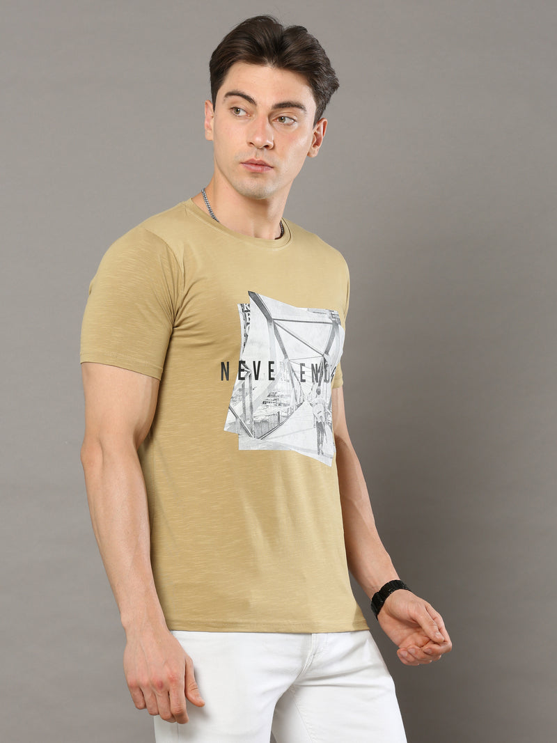 Shop Men's Brown Regular Fit Printed Casual Crew Neck T-Shirt Online.