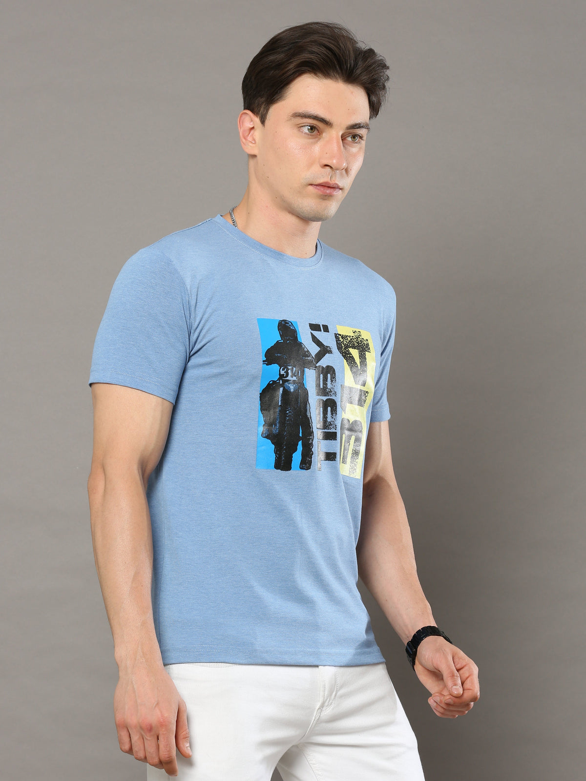 Shop Men's Sky Blue Printed Regular Fit Half Sleeves Crew Neck T-Shirt Online.