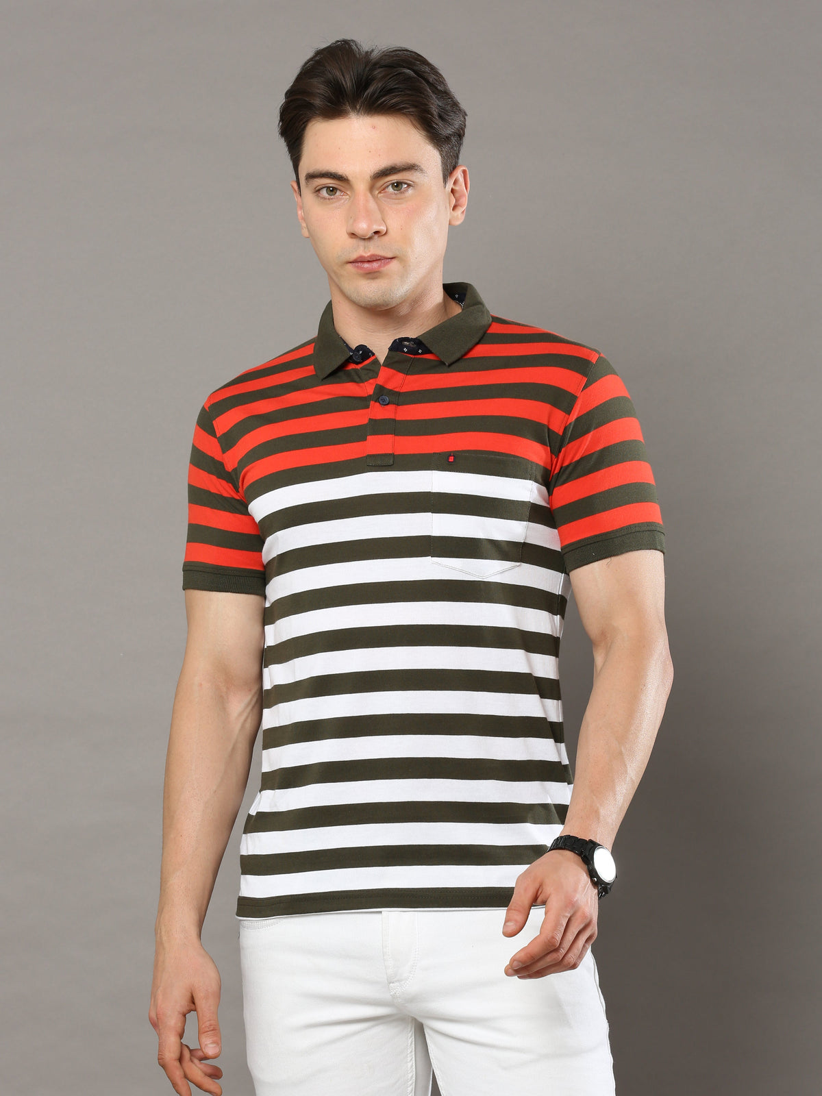 Shop Men's Multicolors Stripe Regular Fit Half Sleeves Polo Neck T-Shirt Online.