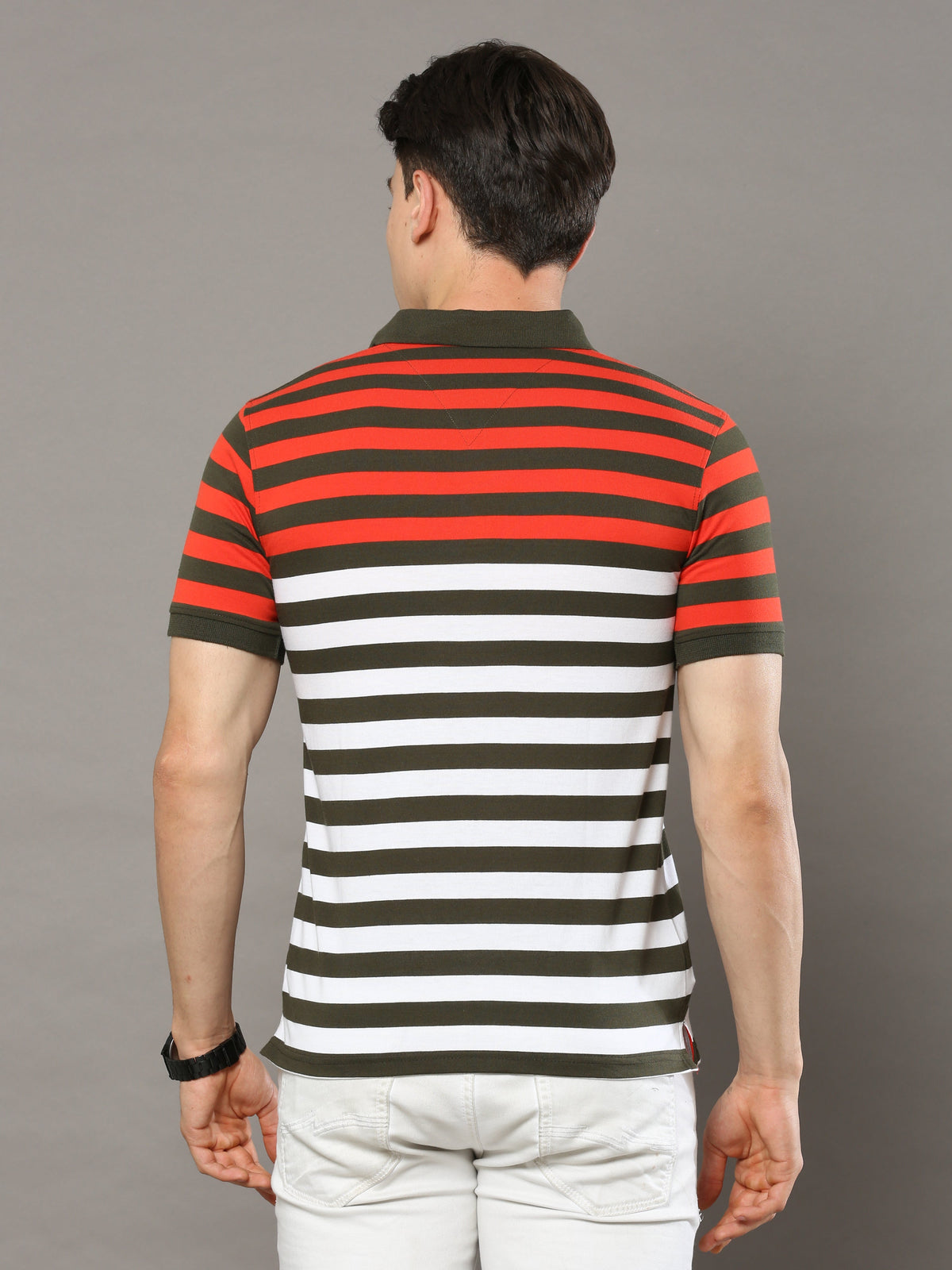 Shop Men's Multicolors Stripe Regular Fit Half Sleeves Polo Neck T-Shirt Online.