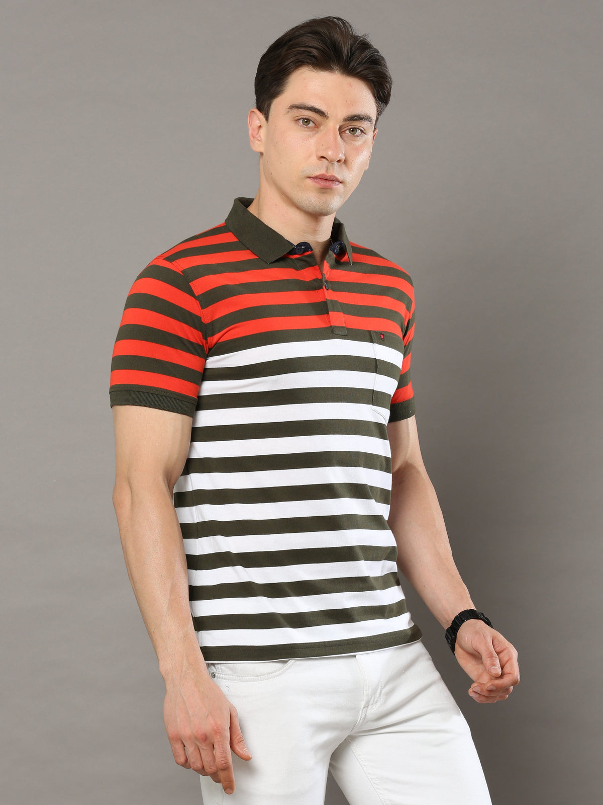 Shop Men's Multicolors Stripe Regular Fit Half Sleeves Polo Neck T-Shirt Online.