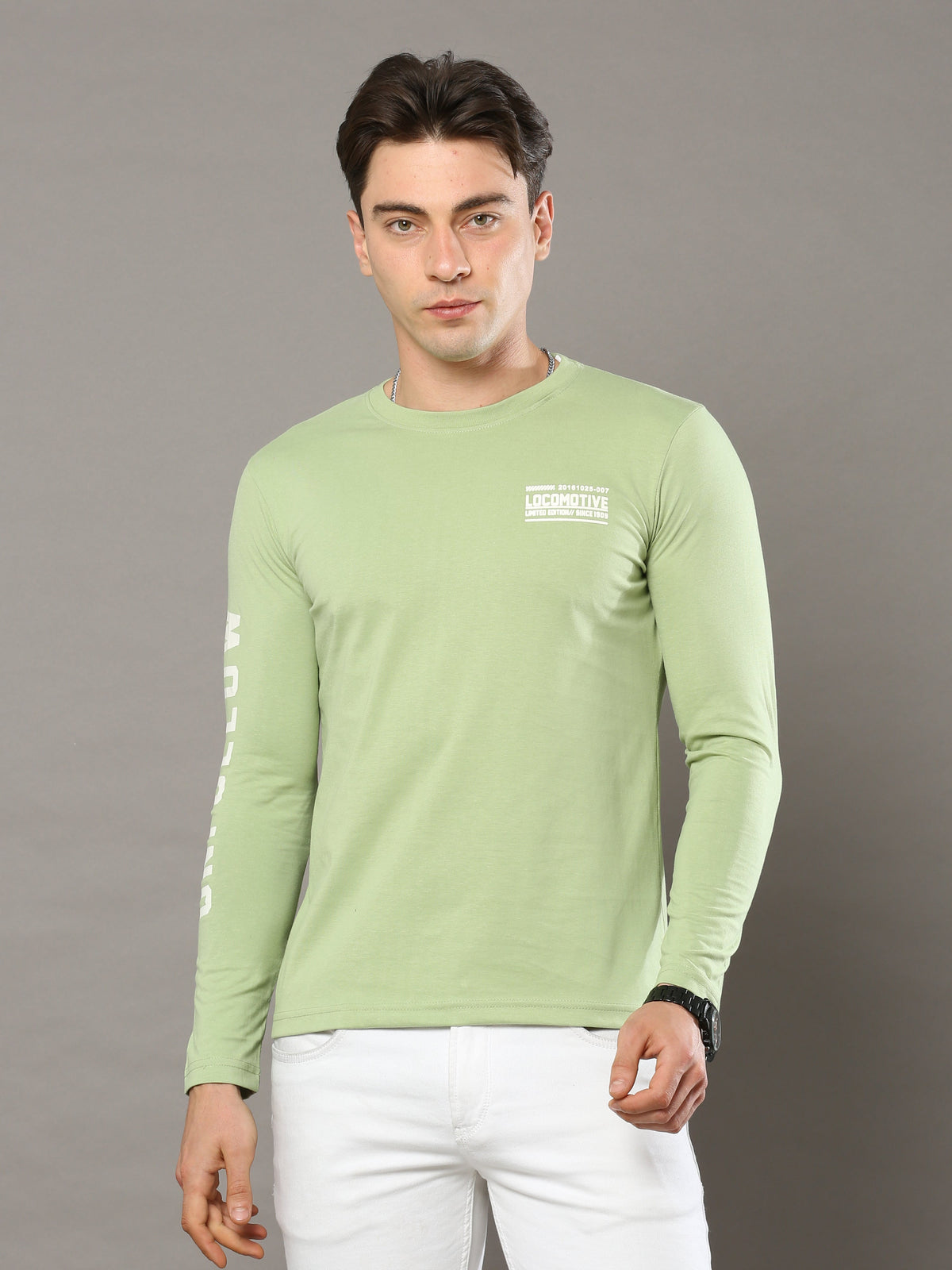 Shop Men's Green Printed Regular Fit Full Sleeves Crew Neck T-Shirt Online.