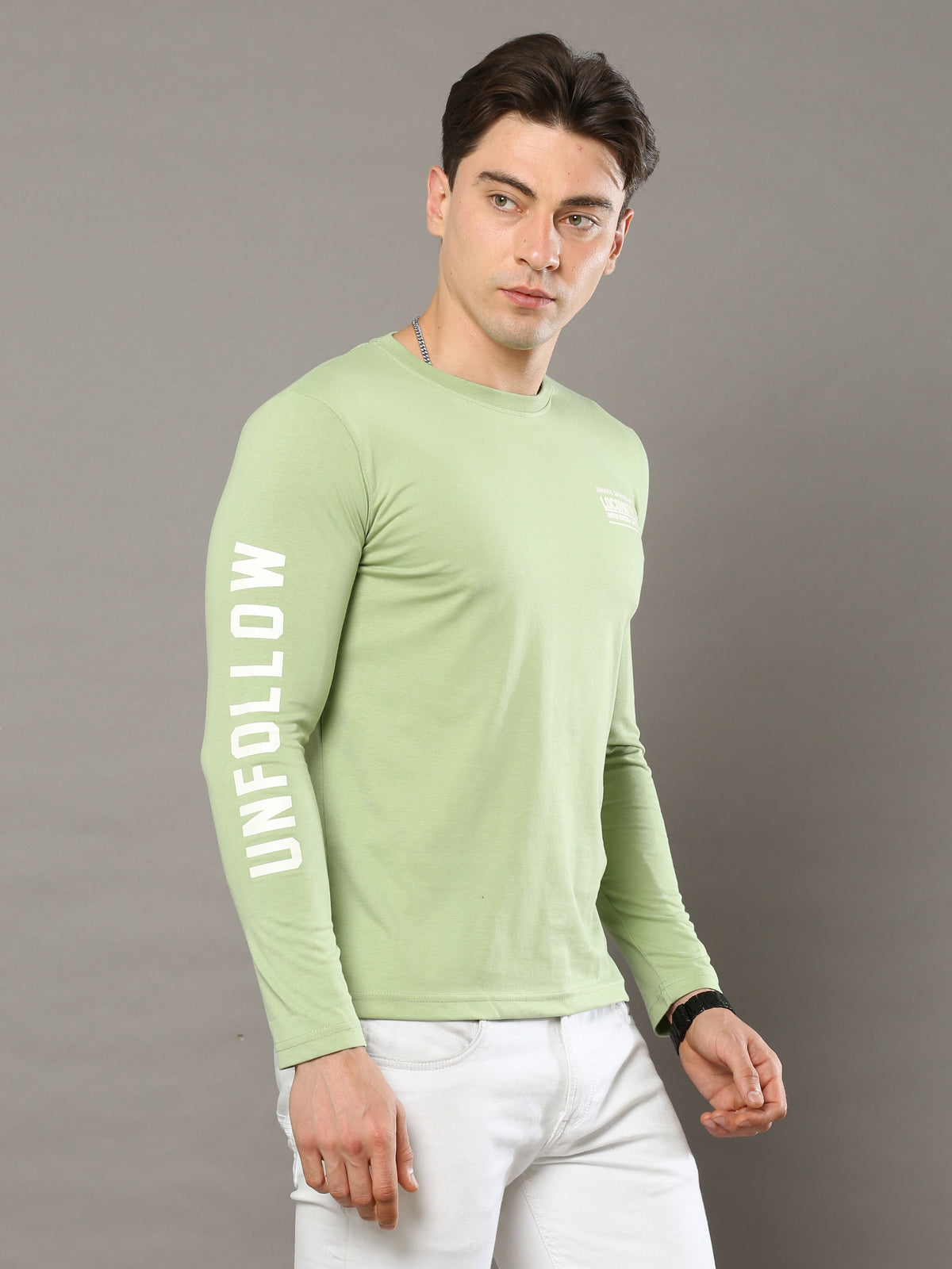 Shop Men's Green Printed Regular Fit Full Sleeves Crew Neck T-Shirt Online.