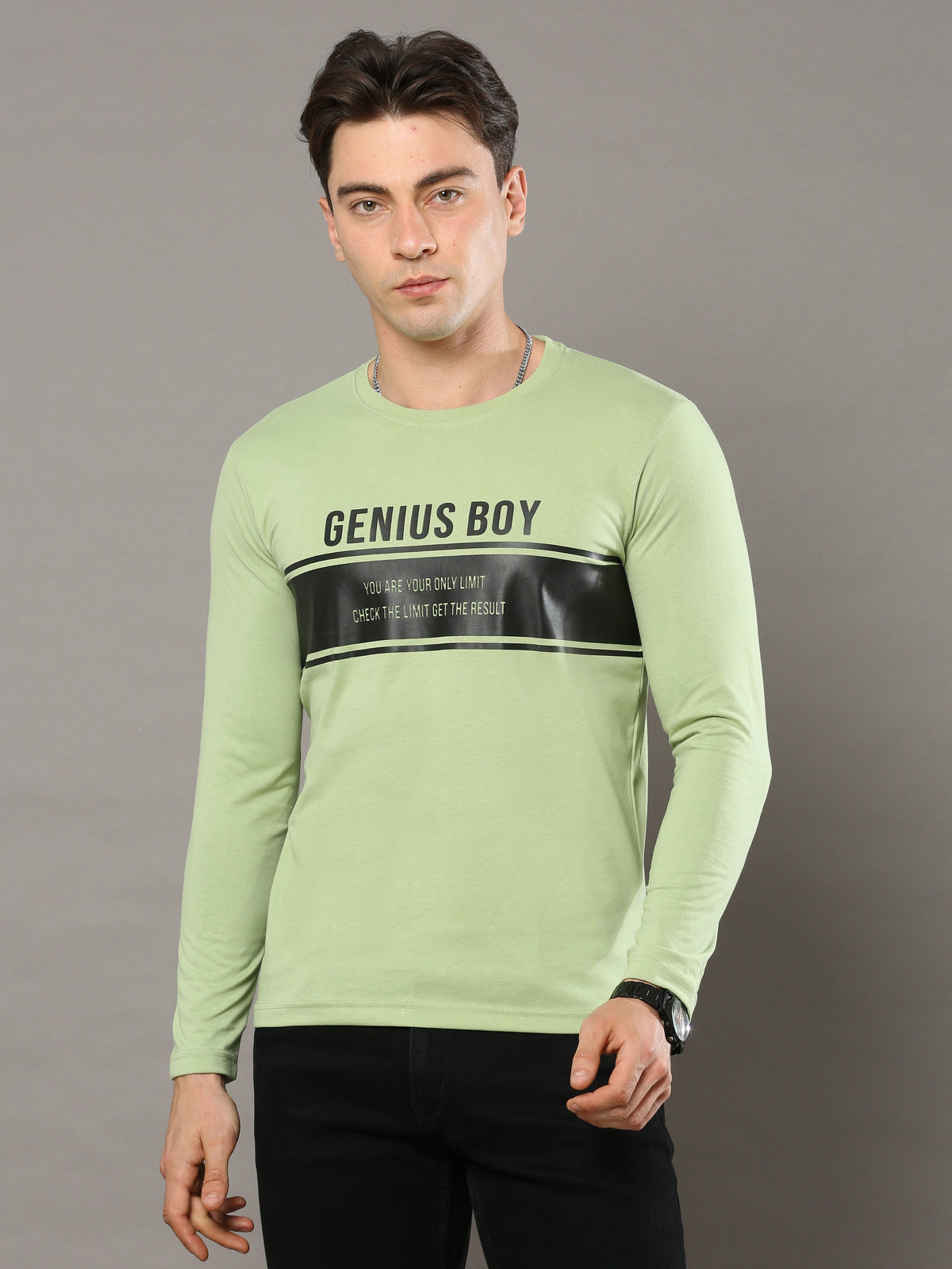 Shop Men's Green Printed Regular Fit Full Sleeves Crew Neck T-Shirt Online.