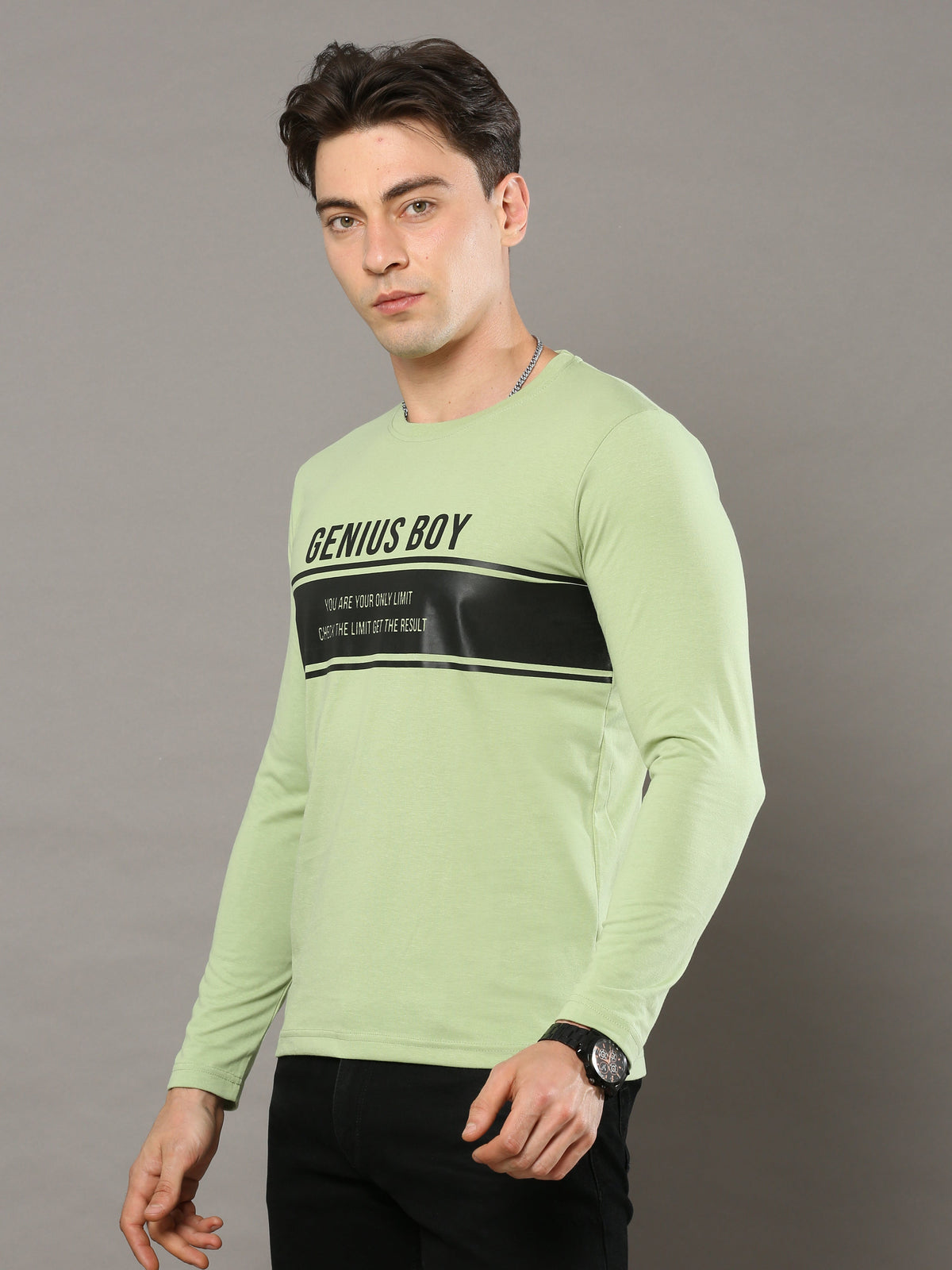 Shop Men's Green Printed Regular Fit Full Sleeves Crew Neck T-Shirt Online.