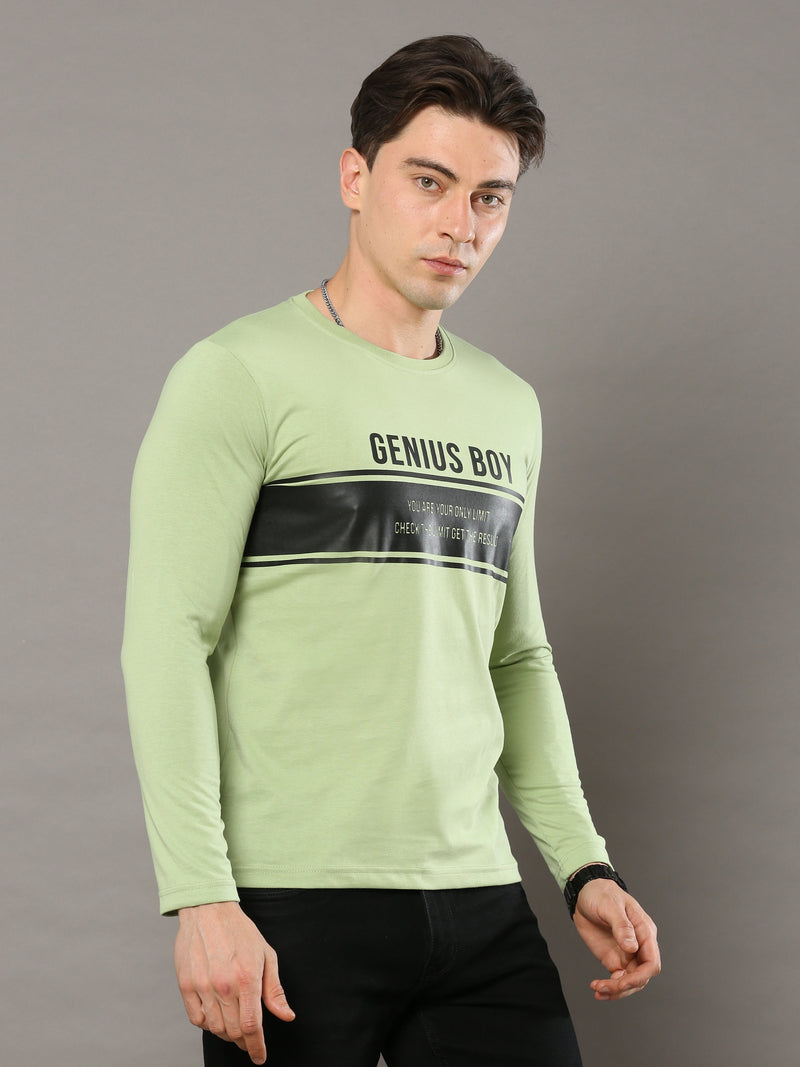 Shop Men's Green Printed Regular Fit Full Sleeves Crew Neck T-Shirt Online.