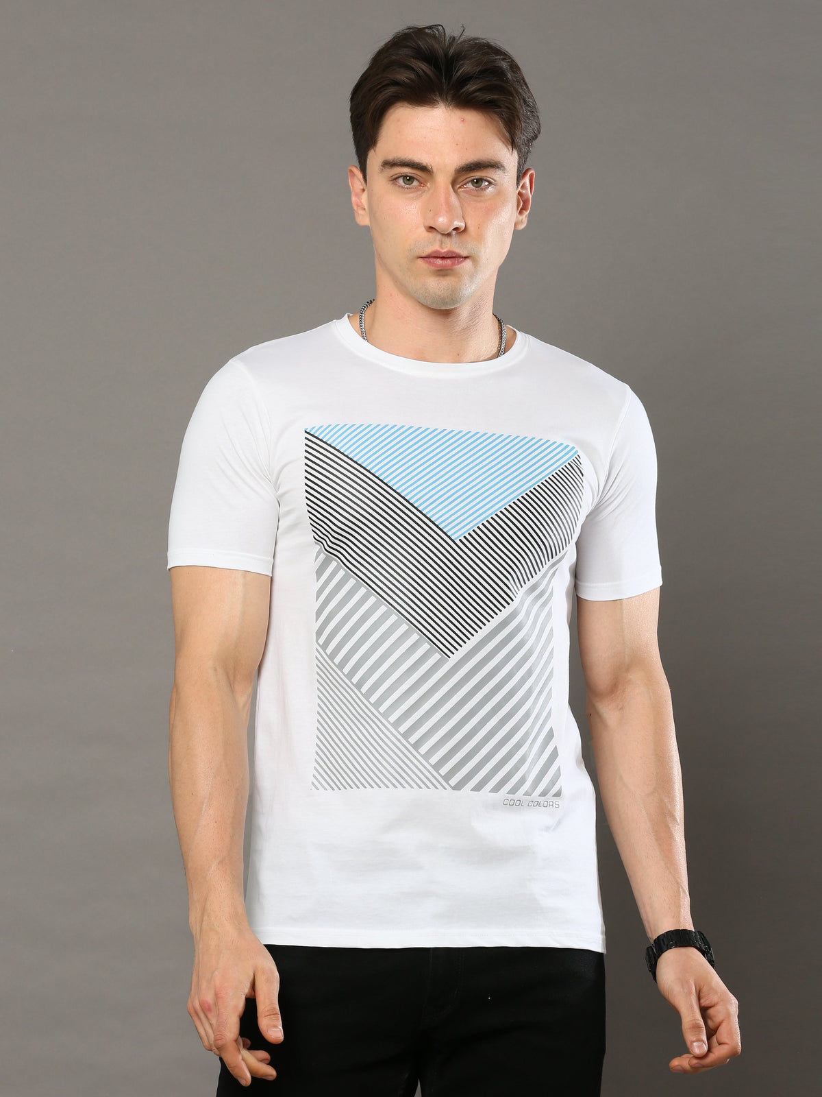 Shop Men's White Printed Regular Fit Full Sleeves Crew Neck T-Shirt Online.