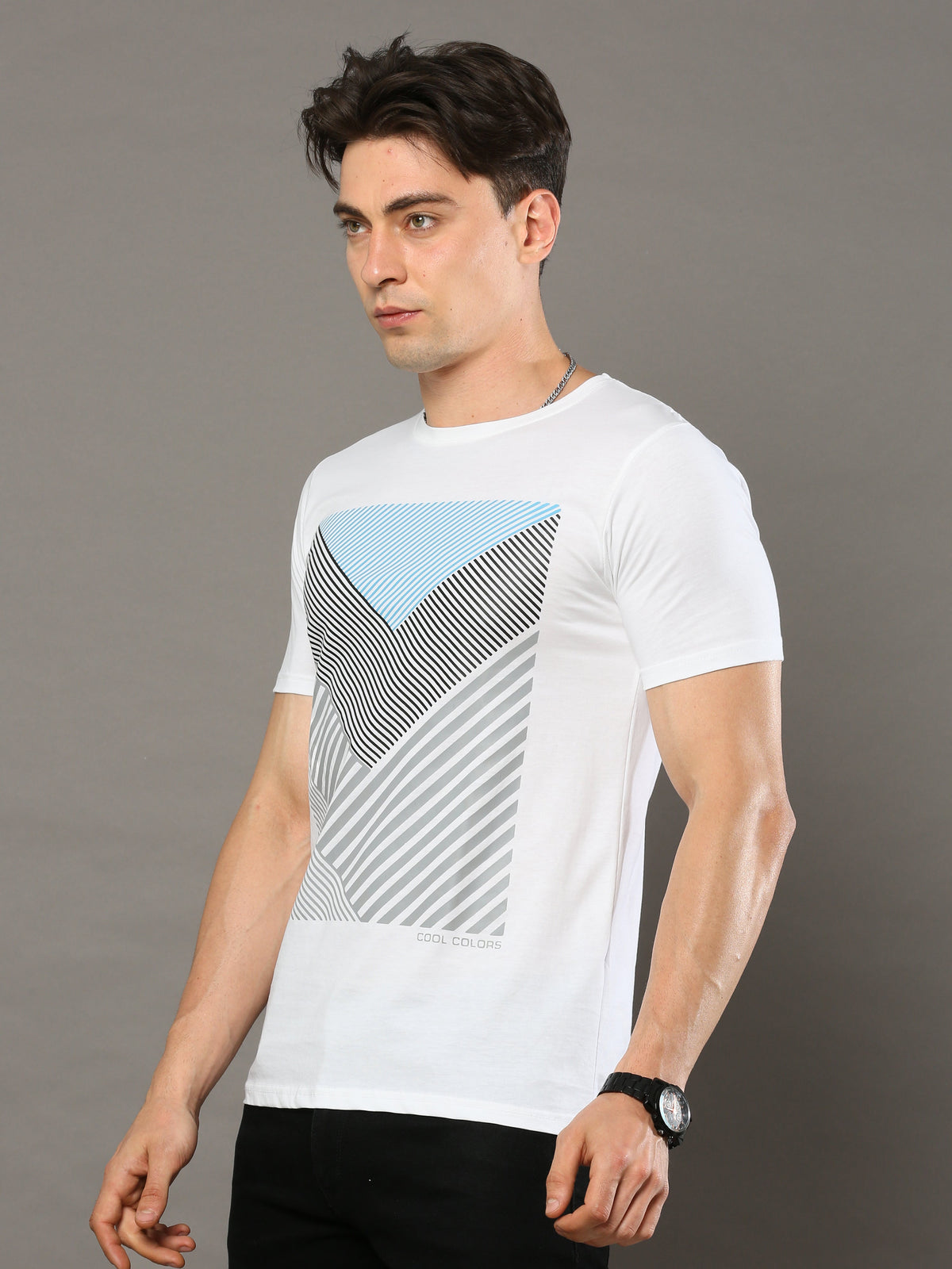 Shop Men's White Printed Regular Fit Full Sleeves Crew Neck T-Shirt Online.