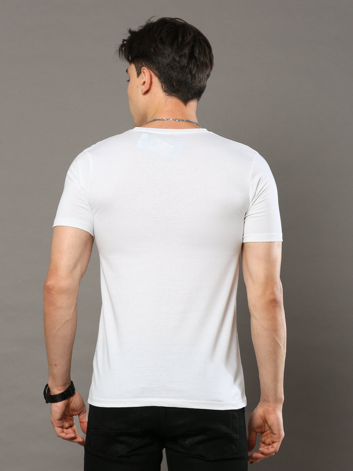 Shop Men's White Printed Regular Fit Full Sleeves Crew Neck T-Shirt Online.