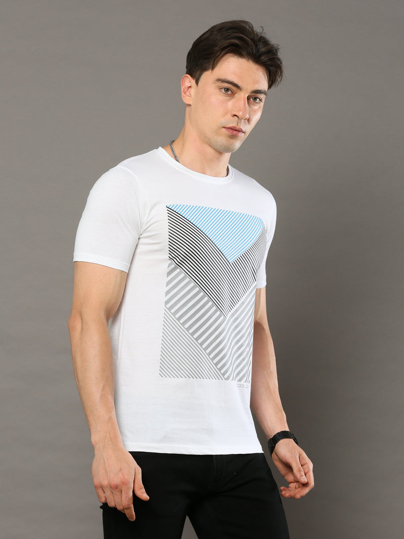 Shop Men's White Printed Regular Fit Full Sleeves Crew Neck T-Shirt Online.