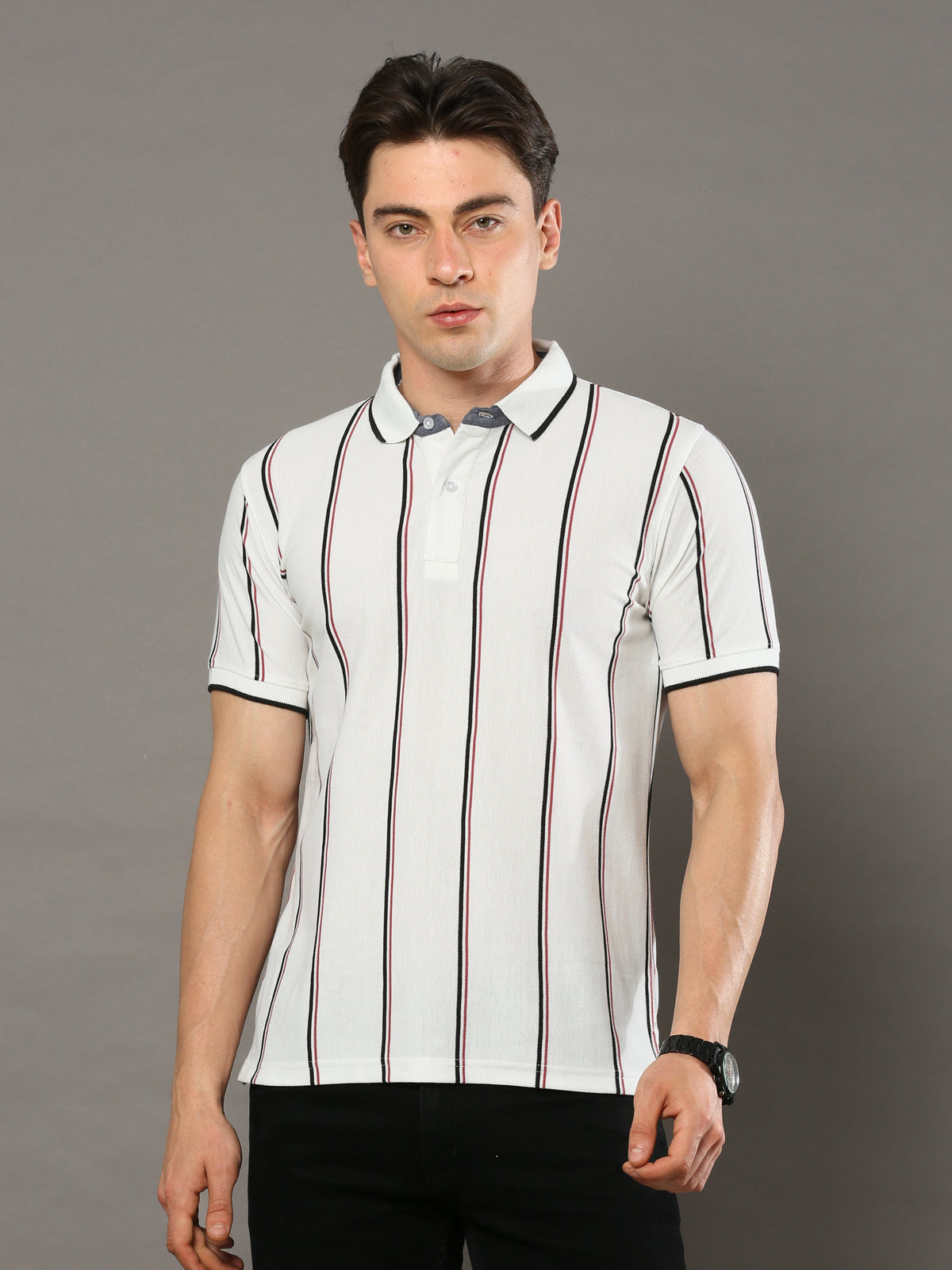 Shop Men's White Stripes Regular Fit Half Sleeves Polo Neck T-Shirt Online.