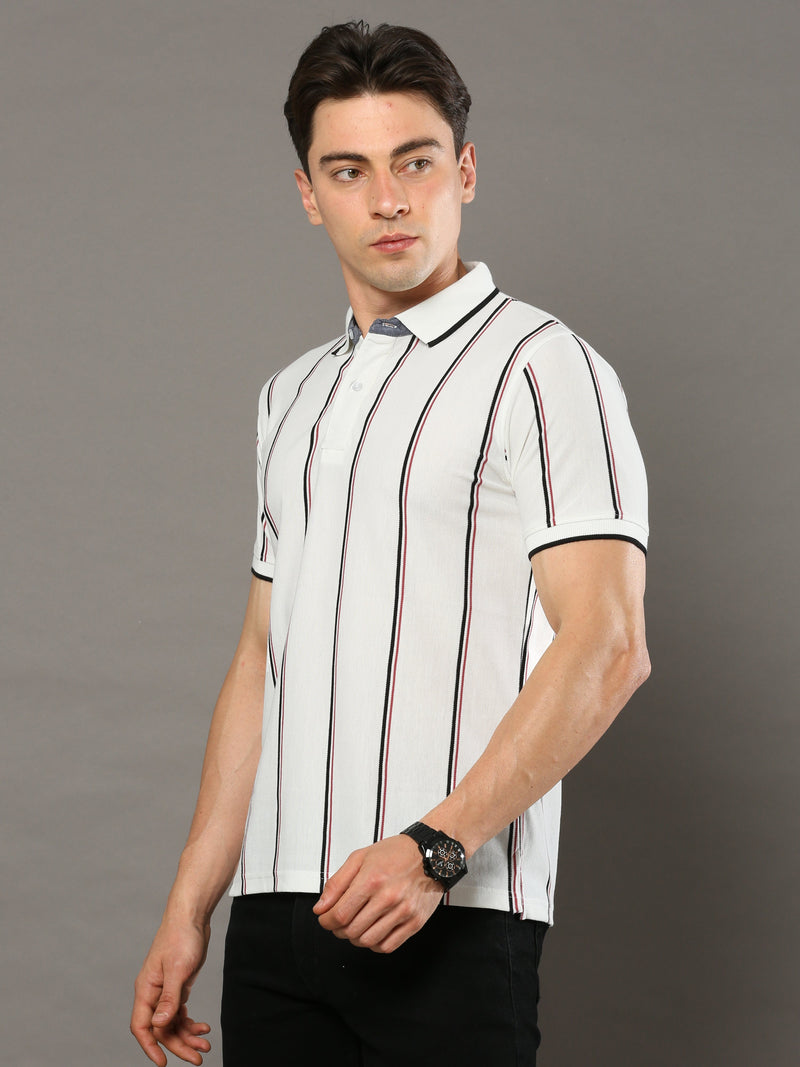 Shop Men's White Stripes Regular Fit Half Sleeves Polo Neck T-Shirt Online.