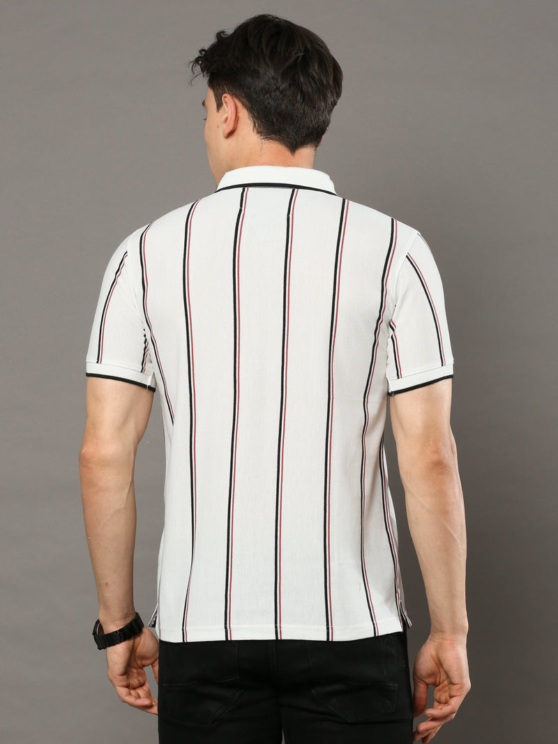 Shop Men's White Stripes Regular Fit Half Sleeves Polo Neck T-Shirt Online.