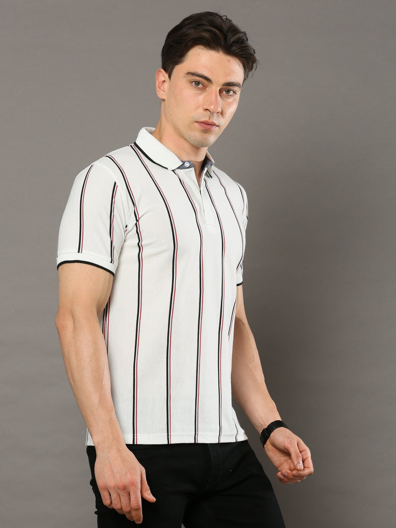 Shop Men's White Stripes Regular Fit Half Sleeves Polo Neck T-Shirt Online.