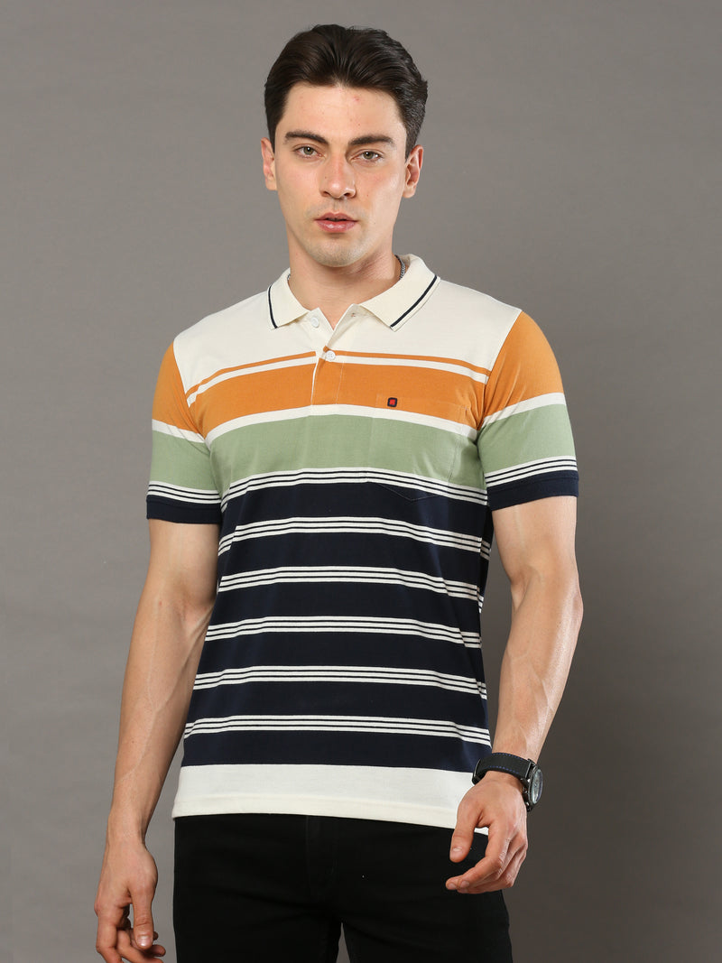 Shop Men's Multicolors Stripes Regular Fit Polo Neck Half Sleeves T-Shirt Online.