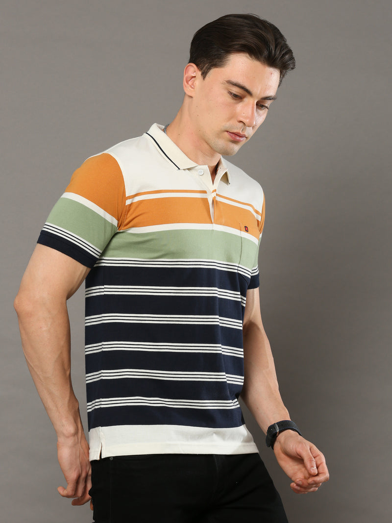 Shop Men's Multicolors Stripes Regular Fit Polo Neck Half Sleeves T-Shirt Online.